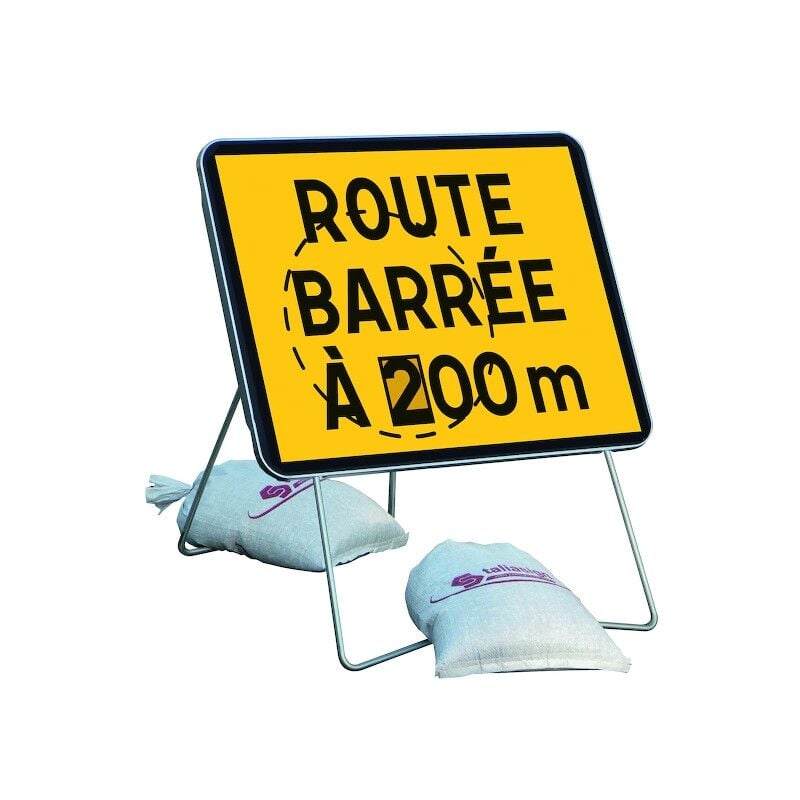 Panneau de chantier KC1 - 800 x 600 mm T1 route barree avec PIEd et 2 sac de lestage - taliaplast