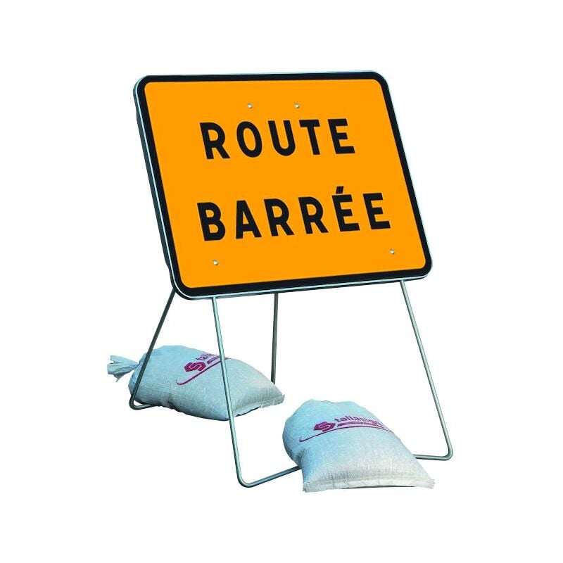 Panneau de chantier KC1 - 800 x 600 mm T1 route barree avec PIEd et 2 sac de lestage - taliaplast