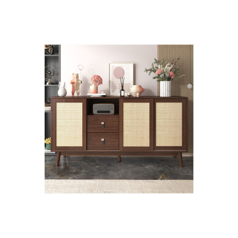 Panneau latéral avec 3 portes coulissantes en rotin véritable et 2 tiroirs 155x38x80 cm respirant, stable et polyvalent,brun