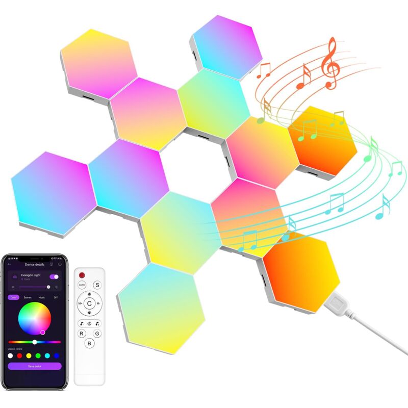 Panneau LED Hexagonal Gaming Murale Lampe— 12pcs Smart Music Sync Deco Modulaires RGB Lights App&Télécommande Contrôle Gaming Setup Hexagone Creative