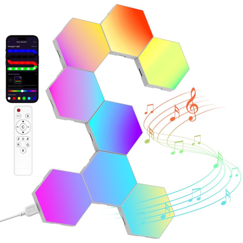 Panneau LED Hexagonal Gaming Murale Lampe— 8pcs Smart Music Sync Deco Modulaires RGB Lights App&Télécommande Contrôle Gaming Setup DIY Creative