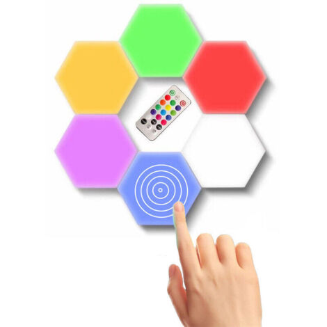 Panneau LED Mural avec Télécommande, Intelligent Lumières Hexagonales Contrôle Tactile RGB Lampe Gaming Veilleuses DIY Géométrie Module d'épissurage pour Gaming Setup,Deco Accueil/Bar/Fête,Paquet de 6