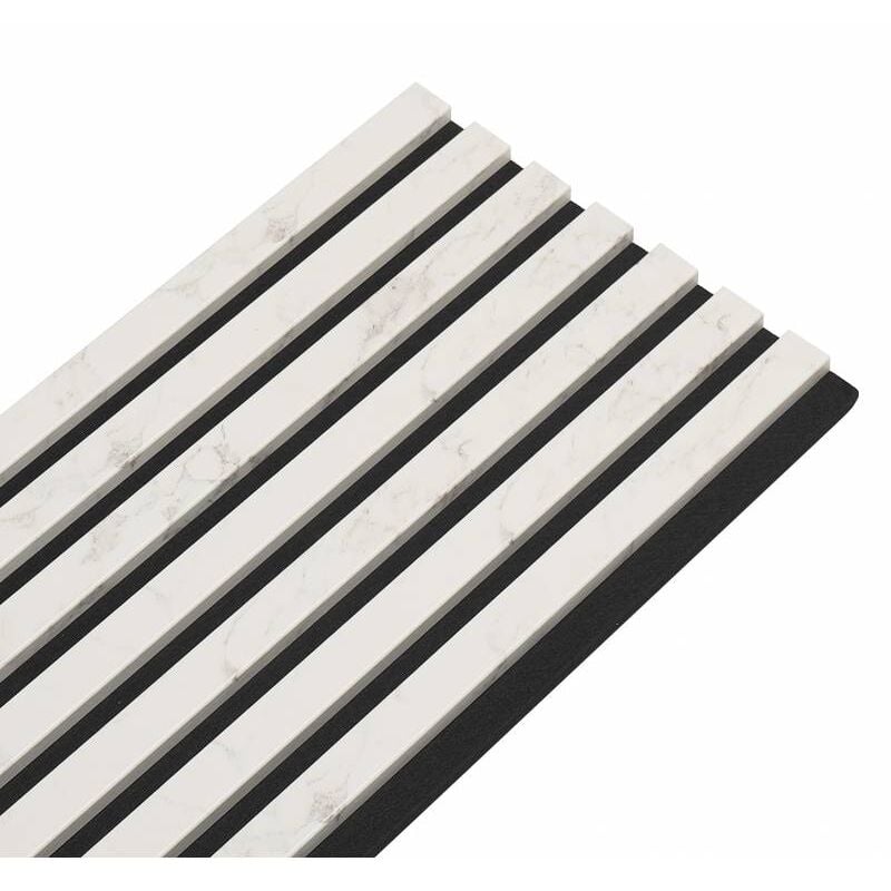 Panneau mural acoustique tasseaux bois 250 x 30 x 1,9 cm - décor marbre blanc/feutrine noir - 0,75m²