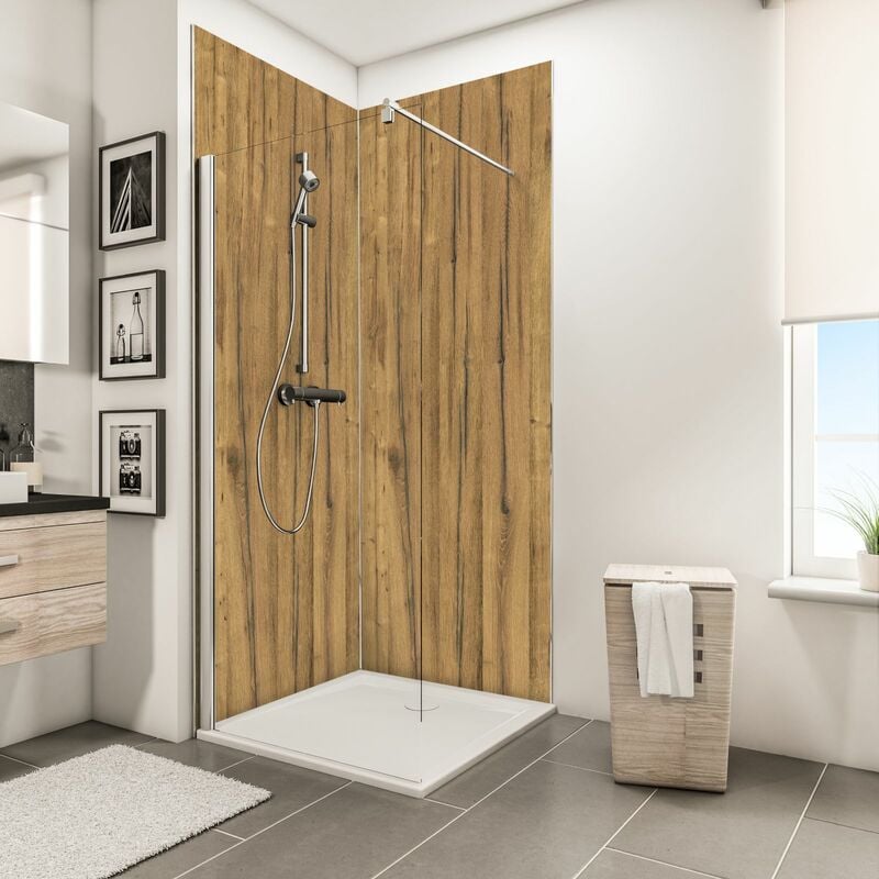 Panneau mural Chêne clair, revêtement pour douche et salle de bain, DécoDesign décor Schulte Lot de 2 panneaux muraux 100 x 210 cm