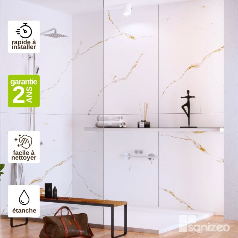 Lot de 2 Panneaux Mural Revêtement Décoratif, L120l1200.4 cm, effet doré, Calacatta GOLD by SANIZÉO