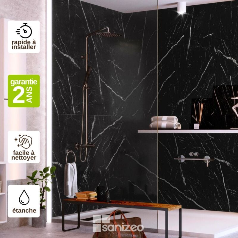 Lot de 2 Panneaux Mural Revêtement Décoratif, L120l1200.4 cm, effet marbre noir, Infinite Black by SANIZÉO