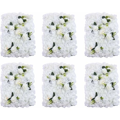 Panneau mural de fleurs artificielles 6PCS 23.62" x 15.75" x 0.79" Panneau mural de roses blanches et pivoines en soie Tissu floral Tapis mural de verdure Feuille d'herbe Eucalyptus Fleur Toile de fon