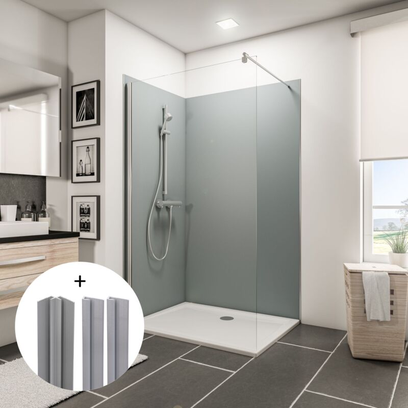 Panneau mural Gris argenté, revêtement pour douche et salle de bain, DécoDesign couleur Schulte Lot de 2 panneaux muraux : 90 x 210 cm + 120 x 210 cm