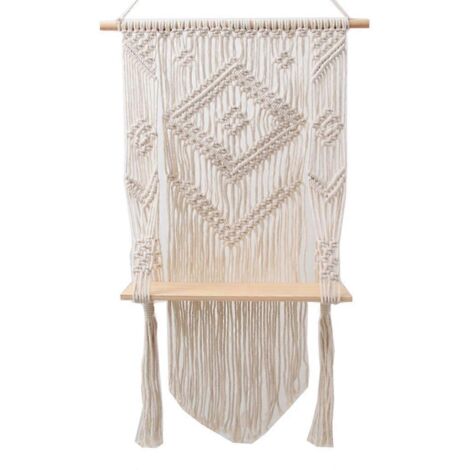 Panneau mural en macramé tissé main, étagère suspendue bohème à franges, rangement déco bois, support mural artisanal pour maison