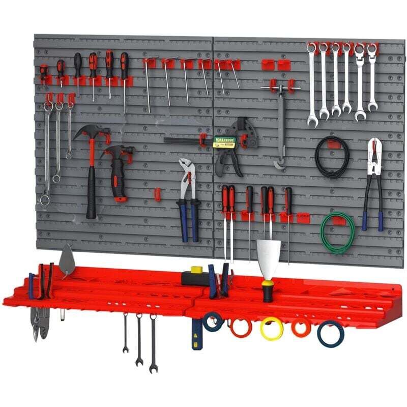 Panneau mural porte-outils DURHAND, ensemble de 54 porte-outils pour atelier, bacs de rangement, crochets, PP, gris et rouge, 95,5 x 23 x 53,5 cm