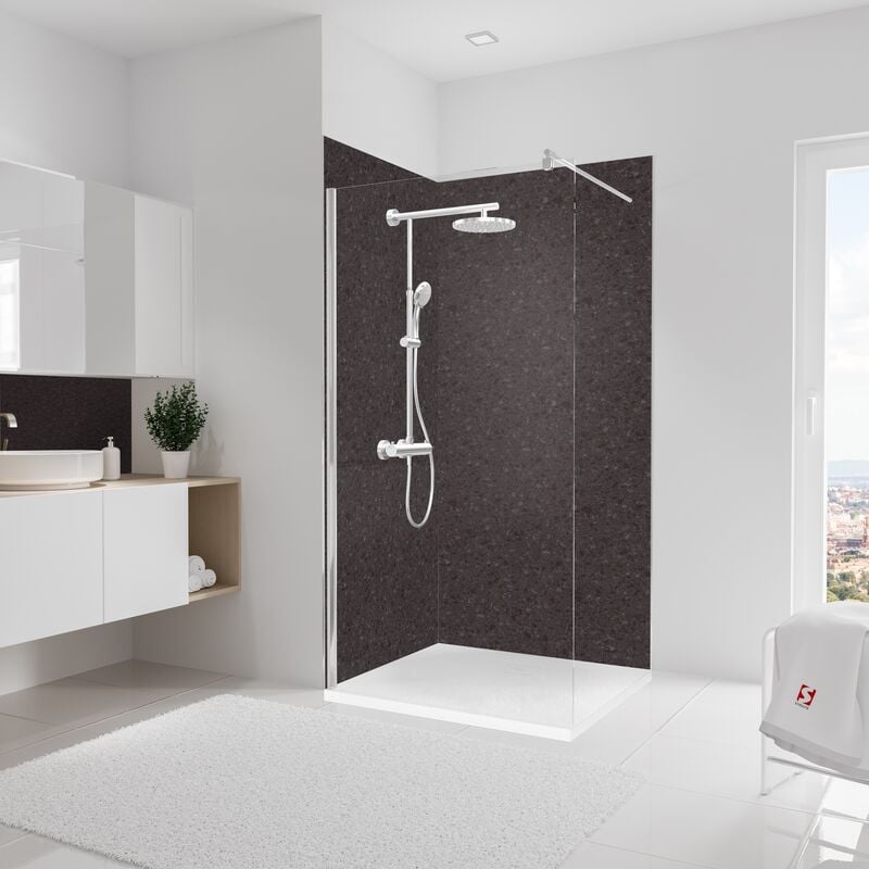 Panneau mural Terrazzo anthracite, revêtement pour douche et salle de bain, DécoDesign softtouch Schulte Lot de 2 panneaux muraux 100 x 210 cm