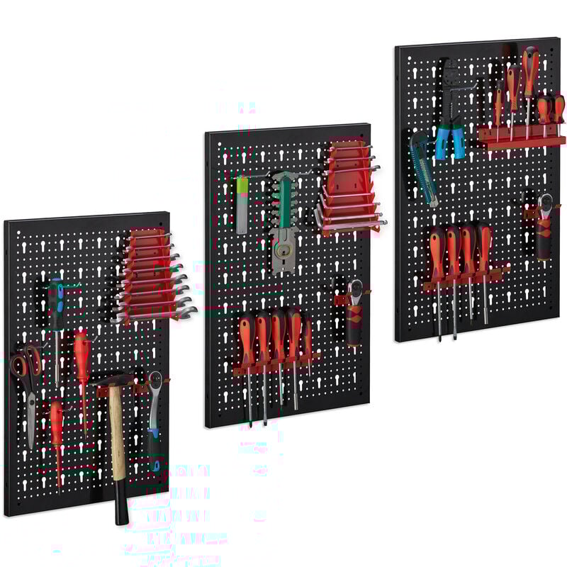 Panneau perforé en métal, 25 pièces, montage mural, h x l x p : 60 x 118 x 2 cm, noir et rouge - Relaxdays