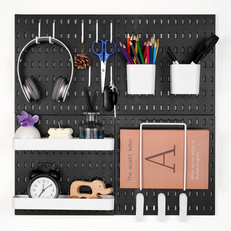 Panneau Perforé Mural 280x280 mm Organiseur Garage en Plastique avec 4 Panneaux Perforés, Accessoires, Kit Rangement d'Outils pour Bureau, Salle