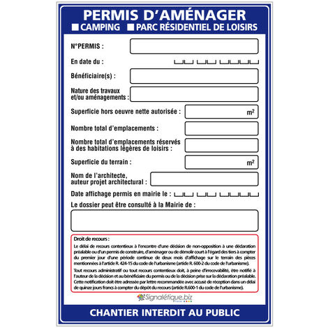 Panneau Permis d'Aménager Camping et Parc Résidentiel + Marqueur noir (W1034). Sans oeillets .  - Sans oeillets