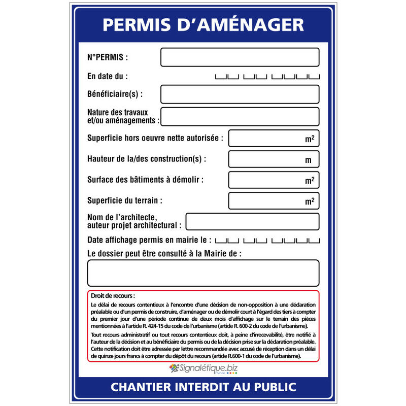 Panneau Permis d'aménager + Marqueur noir (W1038). Avec oeillets . - Avec oeillets