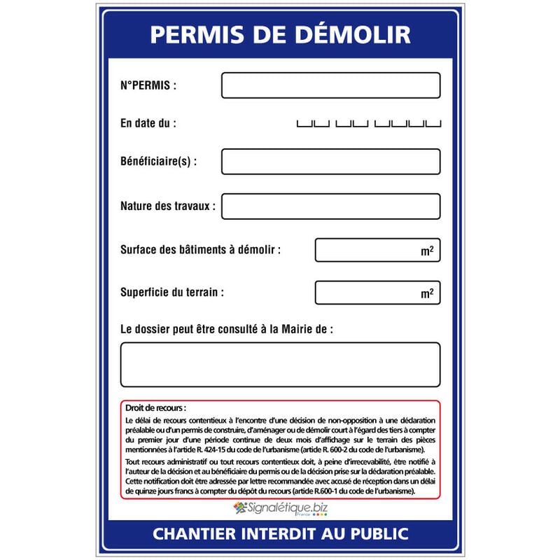 Panneau Permis de démolir + Marqueur noir (W1045). Sans oeillets . - Sans oeillets