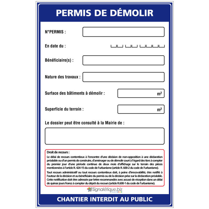 Panneau Permis de démolir + Marqueur noir (W1045). Avec oeillets . - Avec oeillets