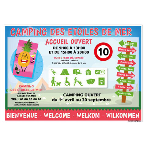 PANNEAU PERSONNALISABLE DE VOTRE ACCUEIL DE CAMPING (H0505-PERSO) - Adhésif - 630 x 450 mm