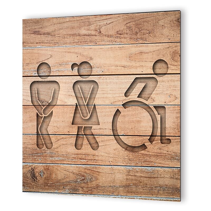 Panneau pictogramme de signalisation fun · Toilettes Trio H/F PMR Texture Bois