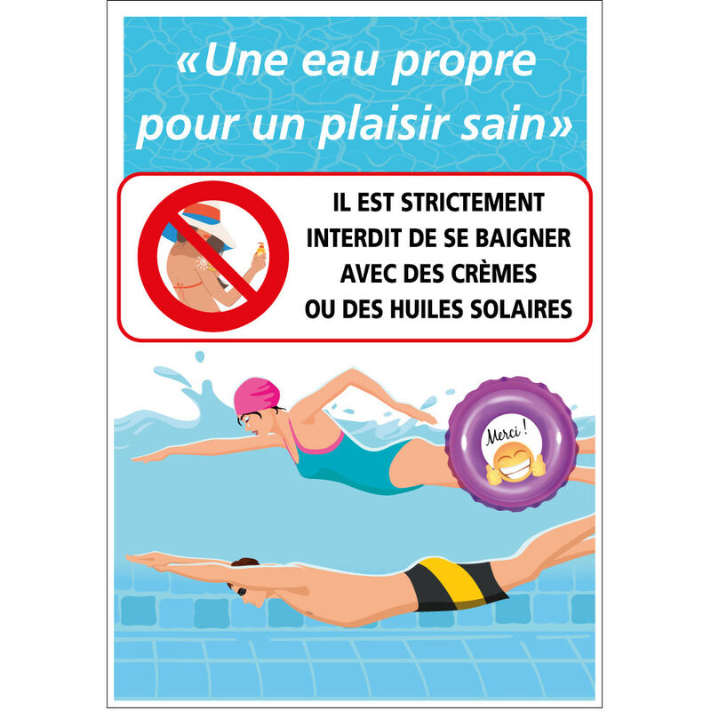 Panneau piscine eau propre pour un plaisir sain. Interdiction de baignade avec crèmes et huiles de bain adultes (SH0524) - Plastique PVC 1,5 mm - 420