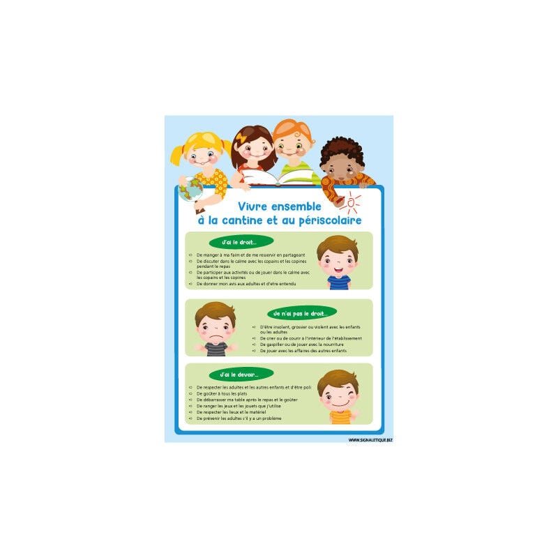 Panneau pour enfant vivre bien a la cantine et au periscolaire (G1501) - Adhésif - 450 x 630 mm