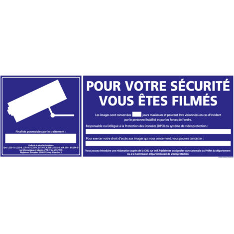 PANNEAU POUR VOTRE SECURITE VOUS ETES FILMES (G1179) - Aluminium 2 mm - 700 x 250 mm