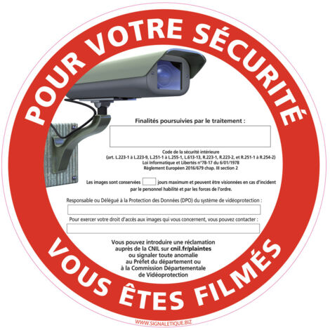 PANNEAU POUR VOTRE SECURITE VOUS ETES FILMES (G1206) - Aluminium 2 mm - Diamètre 450 mm