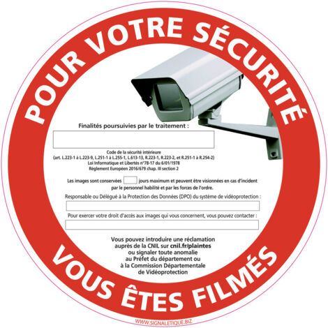 PANNEAU POUR VOTRE SECURITE VOUS ETES FILMES (G1207) - Aluminium 2 mm - Diamètre 450 mm