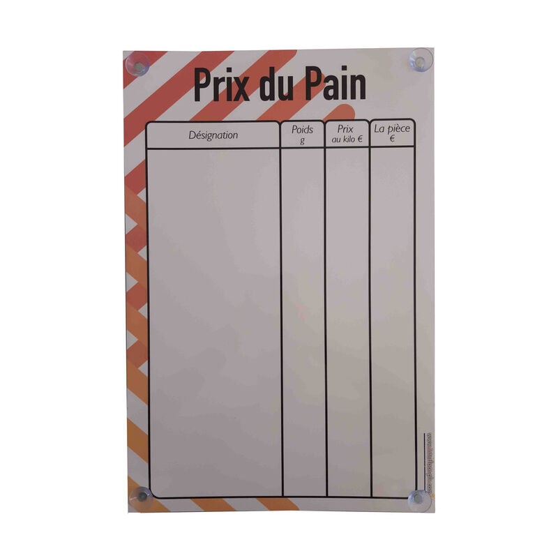 Panneau 'prix du pain' (fond blanc) dimensions 60 x 40 cm avec fixation ventouses