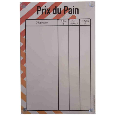Panneau "PRIX DU PAIN" (fond blanc) dimensions 60 x 40 cm avec fixation ventouses