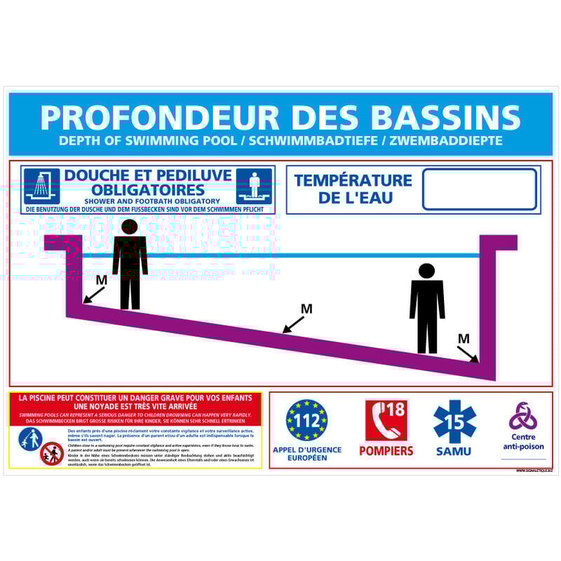 Panneau Profondeurs des Bassins - Signalétique Piscine Obligatoire - Aluminium 2 mm - 600 x 420 mm