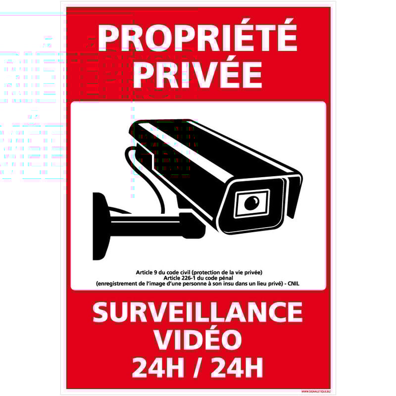 Panneau Propriété Privée Surveillance Vidéo 24h/24. G1533. Sticker, panneau pvc ou Aluminium. Vidéosurveillance - Plastique pvc 1,5 mm - 450 x 630 mm