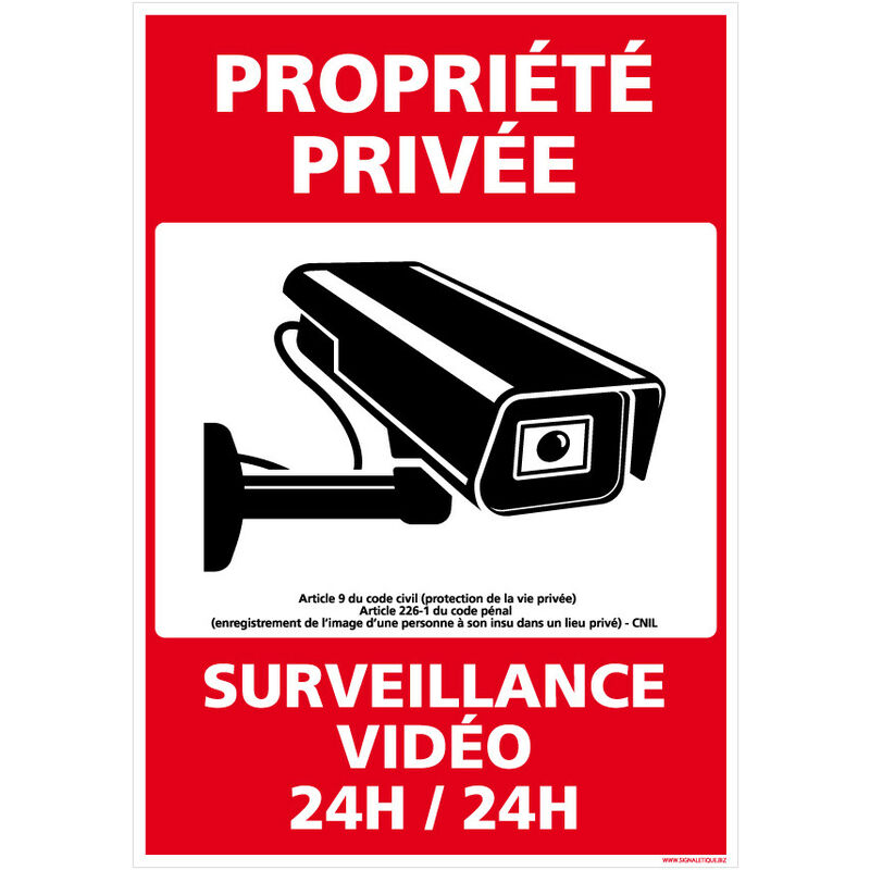 Panneau Propriété Privée Surveillance Vidéo 24h/24. G1533. Sticker, panneau pvc ou Aluminium. Vidéosurveillance - Adhésif - 450 x 630 mm