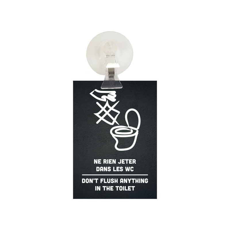 Interface Plv - Panneau pvc 'ne rien jeter dans les wc - don't flush anything in the toilet' noir format A6 avec fixation ventouse