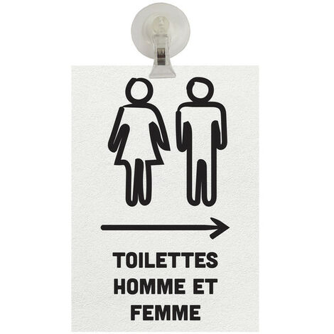 Panneau PVC "TOILETTES HOMME ET FEMME" flèche à droite fond blanc format A5 avec fixation ventouse
