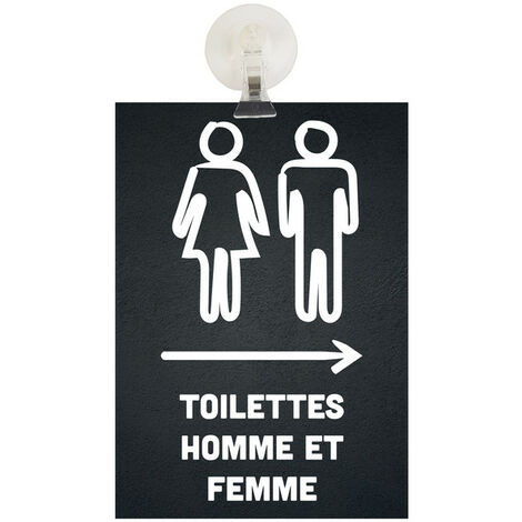 Panneau PVC "TOILETTES HOMME ET FEMME" flèche à droite fond noir format A5 avec fixation ventouse