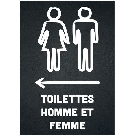 Panneau PVC "TOILETTES HOMME ET FEMME" flèche à gauche fond noir format A5
