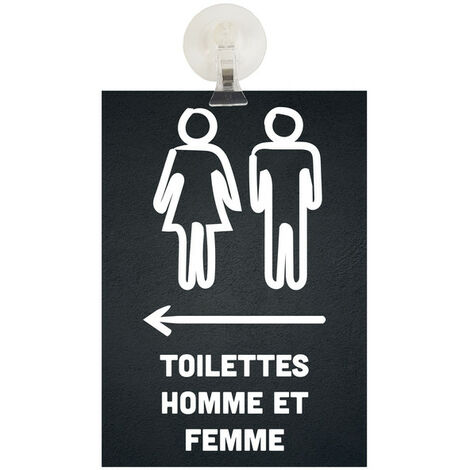 Panneau PVC "TOILETTES HOMME ET FEMME" flèche à gauche fond noir format A5 avec fixation ventouse