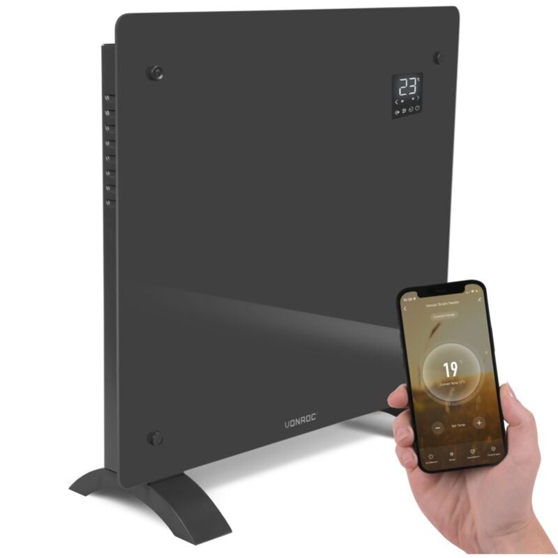 Vonroc - Panneau en verre 1000W Premium - 12m2 – Commande manuelle et Wi-Fi – Thermostat réglable et minuterie - Gris