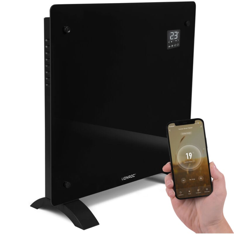 Vonroc - Panneau en verre en verre 1000W Premium - 12m2 – Commande manuelle et Wi-Fi – Thermostat réglable et minuterie - Noir