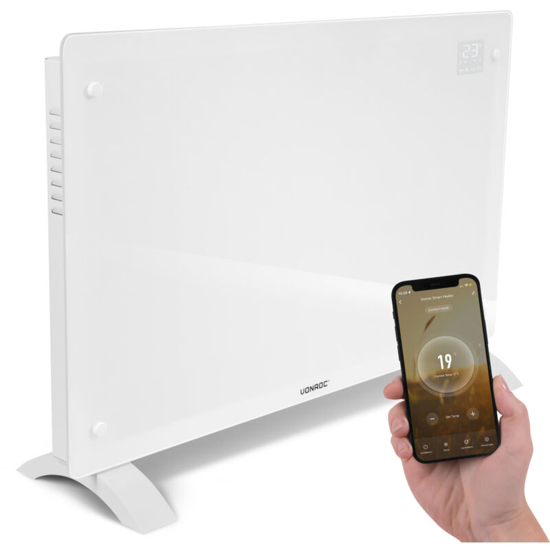 Vonroc - Chauffage électrique - Panneau en verre 2000W Premium - 24m2 – Commande manuelle -Wi-Fi – Thermostat et minuterie - Blanc