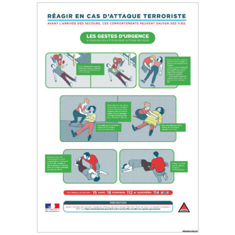 PANNEAU REAGIR EN CAS D'ATTAQUE TERRORISTE (VIGIPIRATE10) - Adhésif - 150 x 210 mm