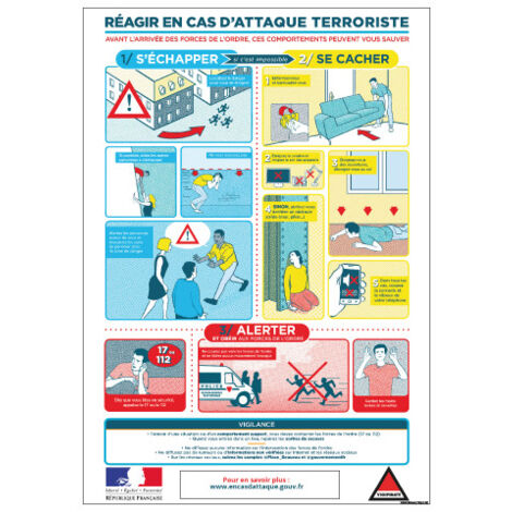 Panneau Réagir en cas d'attaque terroriste (VIGIPIRATE8) - Adhésif - 150 x 210 mm