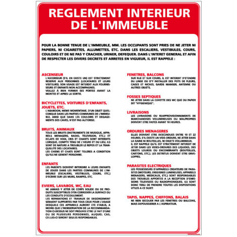 Panneau RÈGLEMENT INTÉRIEUR DE L’IMMEUBLE – Adhésif – 210 x 300 mm