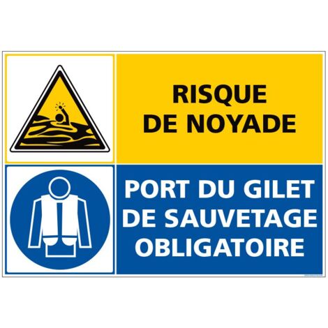 PANNEAU RISQUE DE NOYADE - PORT DU GILET DE SAUVETAGE OBLIGATOIRE (C1517) - Adhésif - 105 x 75 mm
