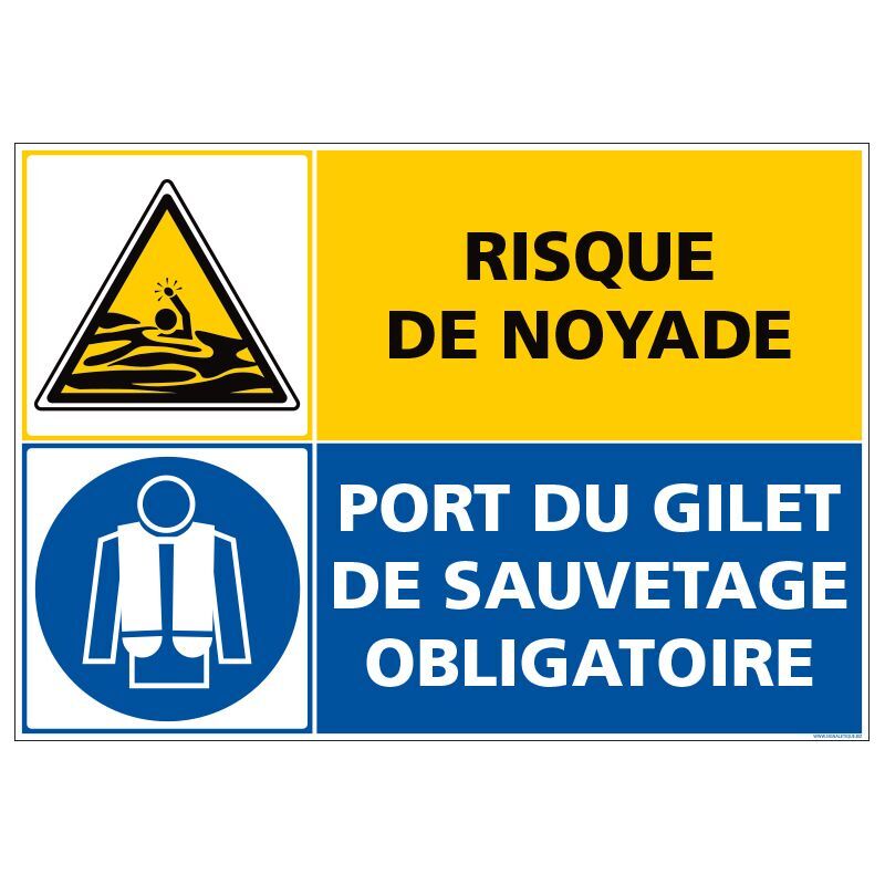 Signaletique.biz France - panneau risque de noyade - port du gilet de sauvetage obligatoire (C1517) - Adhésif - 210 x 150 mm