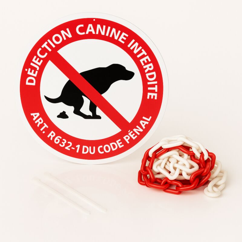 Panneau rond signalisation prépercé + chaine plastique rouge/blanc. Déjection canine interdite . - Déjection canine interdite