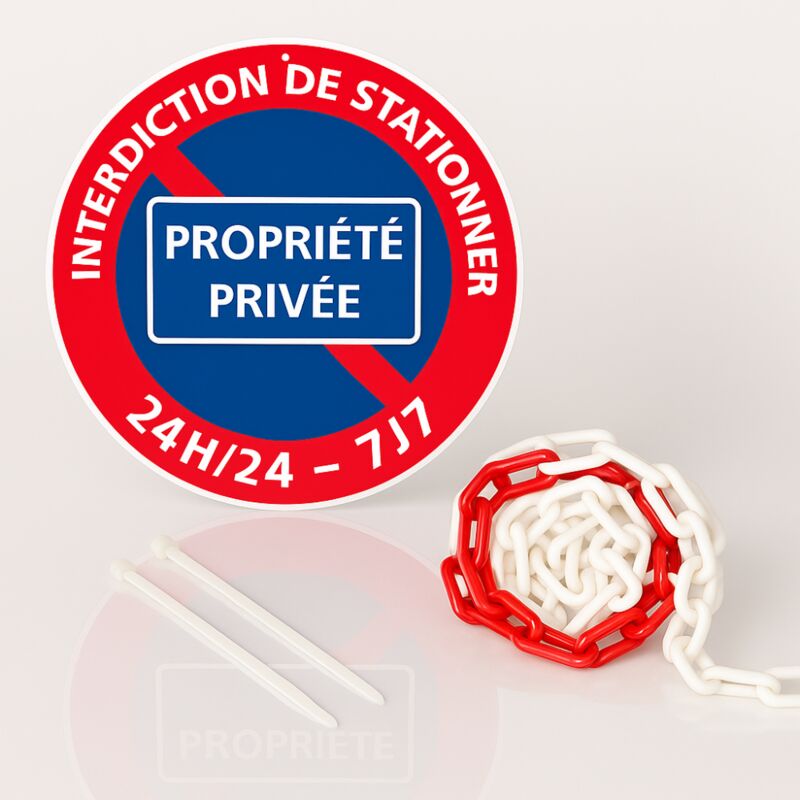 Panneau rond signalisation prépercé + chaine plastique rouge/blanc. Interdiction de stationner propriété privée 24h/24 . - Interdiction de stationner