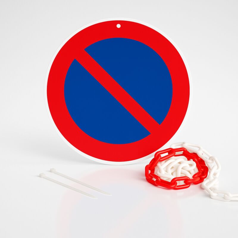 Panneau rond signalisation prépercé + chaine plastique rouge/blanc. Stationnement interdit picto . - Stationnement interdit picto