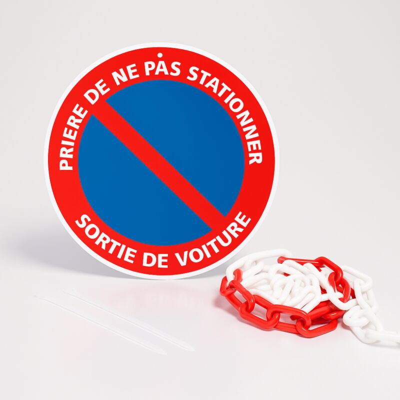 Panneau rond signalisation prépercé + chaine plastique rouge/blanc. Prière de ne pas stationner sortie de voiture . - Prière de ne pas stationner